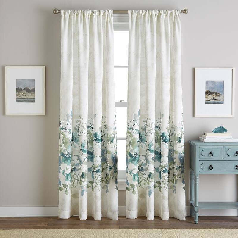 Watercolor Floral Flip Over Rod Pocket Single Curtain Panel - 50" w x 84" l - Aqua