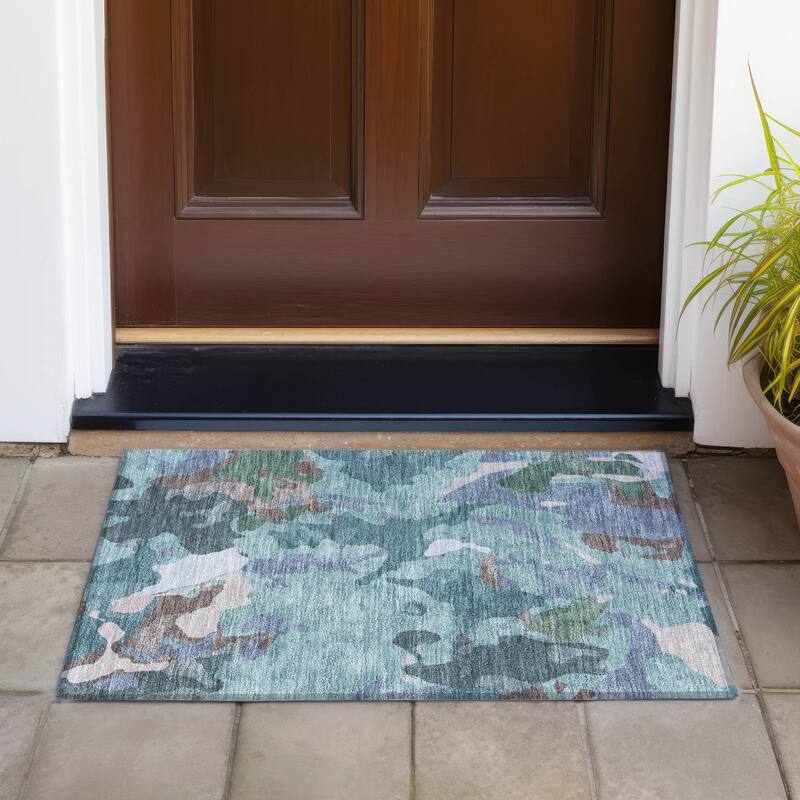 Machine Washable Indoor/Outdoor Modern Brushstrokes Chantille Rug - Teal - 1'8" x 2'6"