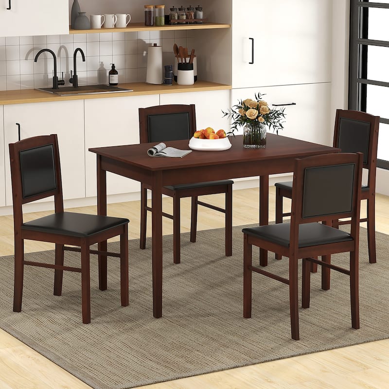 Gymax 5 PCS Dining Table Set for 4 w/Rubber Wood Legs Upholstered Seat
