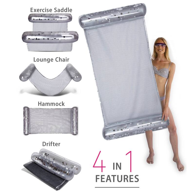 POZA Silver Inflatable Pool Floats Seating Bundle w/ Confetti - 3 Pack - ‎56 x 30 x 5 inches