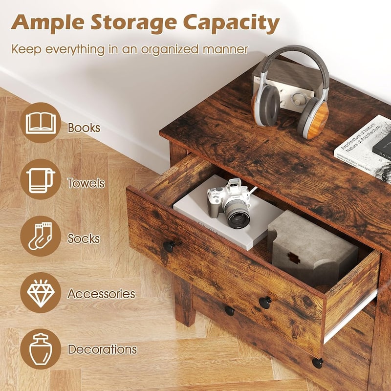 2 PCS Wooden Sofa Bedside Table 3-Drawer Small Modern Chest