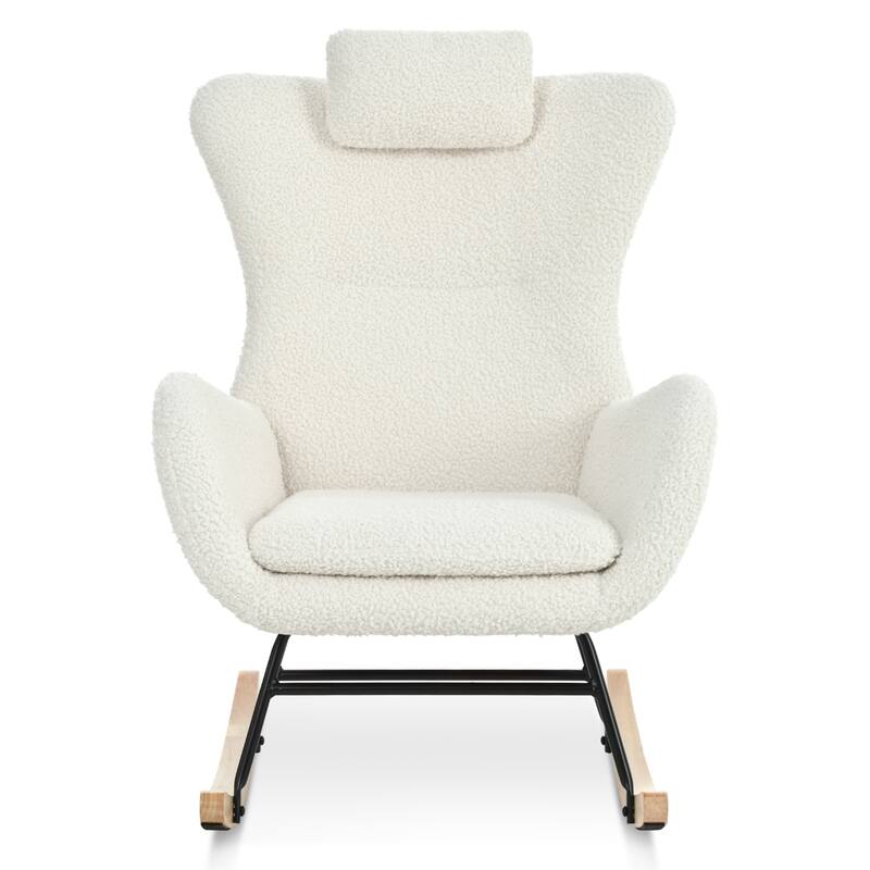 Polyester Glider Chair with Adjustable Headrest and Storage Pocket, Rubber Wood Base