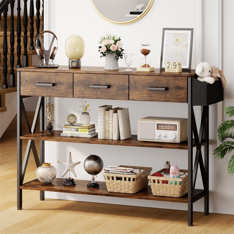 47" Console Table with 3 Tier Storage Shelves, Industrial Entryway Table with 3 Drawers - Retro