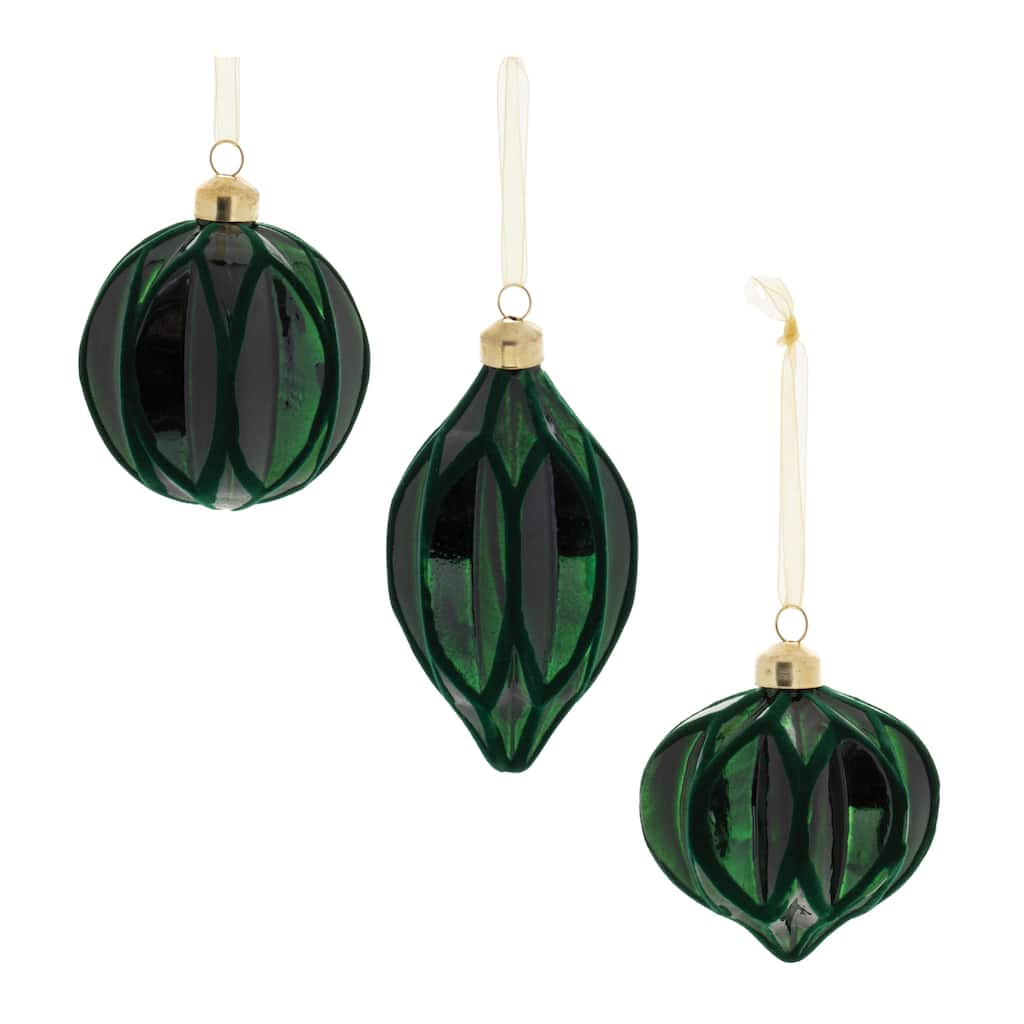 Green Velvet Glass Ribbed Ornaments Set of 12 Ball Onion Oblong Decor - 3” x 3” x 3.5” (L x W x H)
