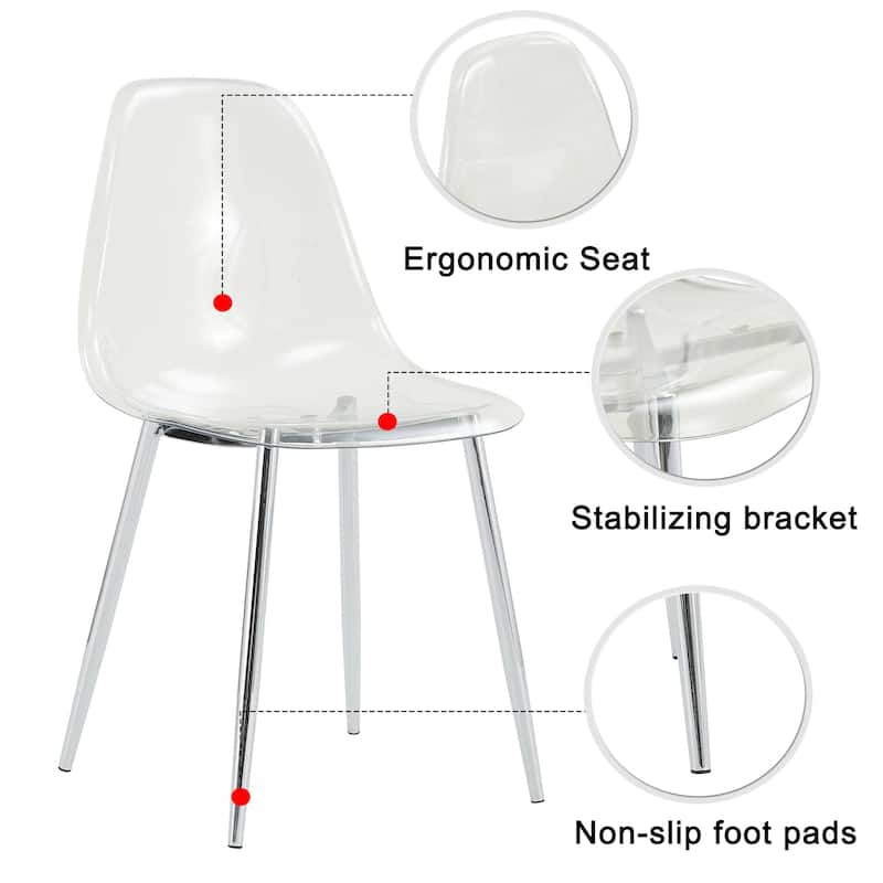 Roomfitters Transparent Plastic Dining Chairs with Silver Metal Legs, Armless Crystal Style Makeup or Office Set of 6