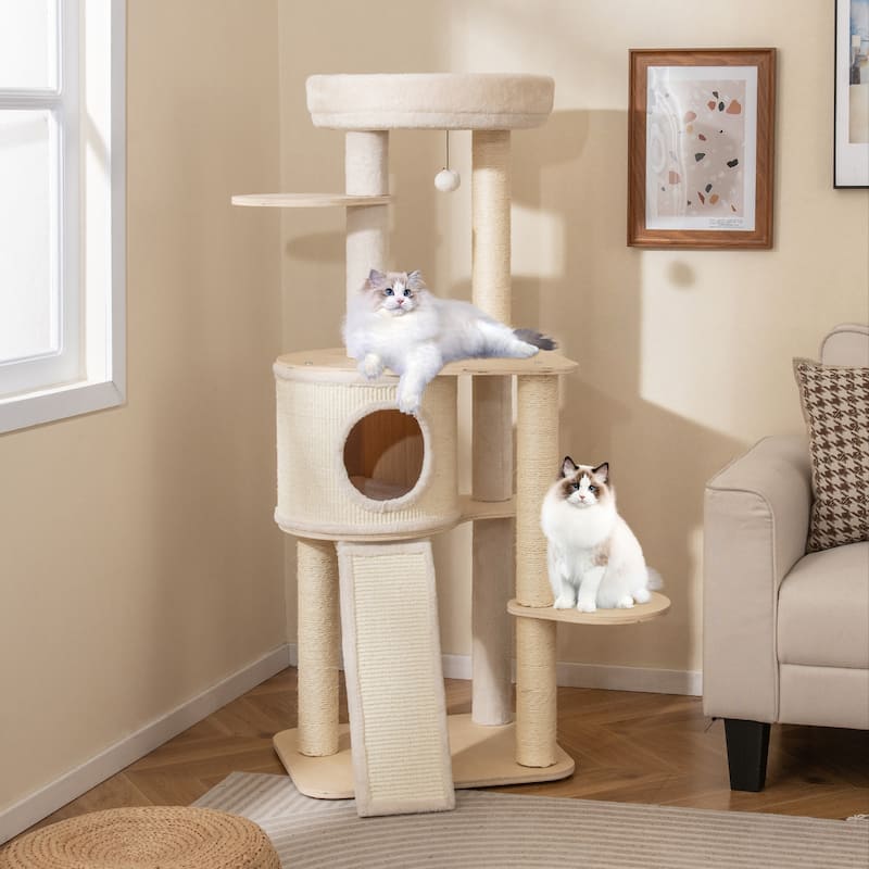 Gymax 56'' Tall Cat Tree Wooden Kitten Tower w/Sisal Scratching Posts