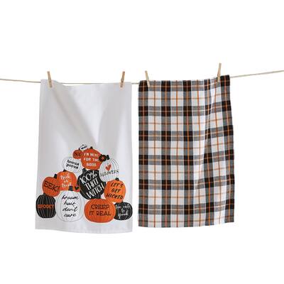 Halloween Trick or Treat Dishtowel Set of 2 - Multicolor Cotton Kitchen Towels, Machine Washable, 13" x 26"