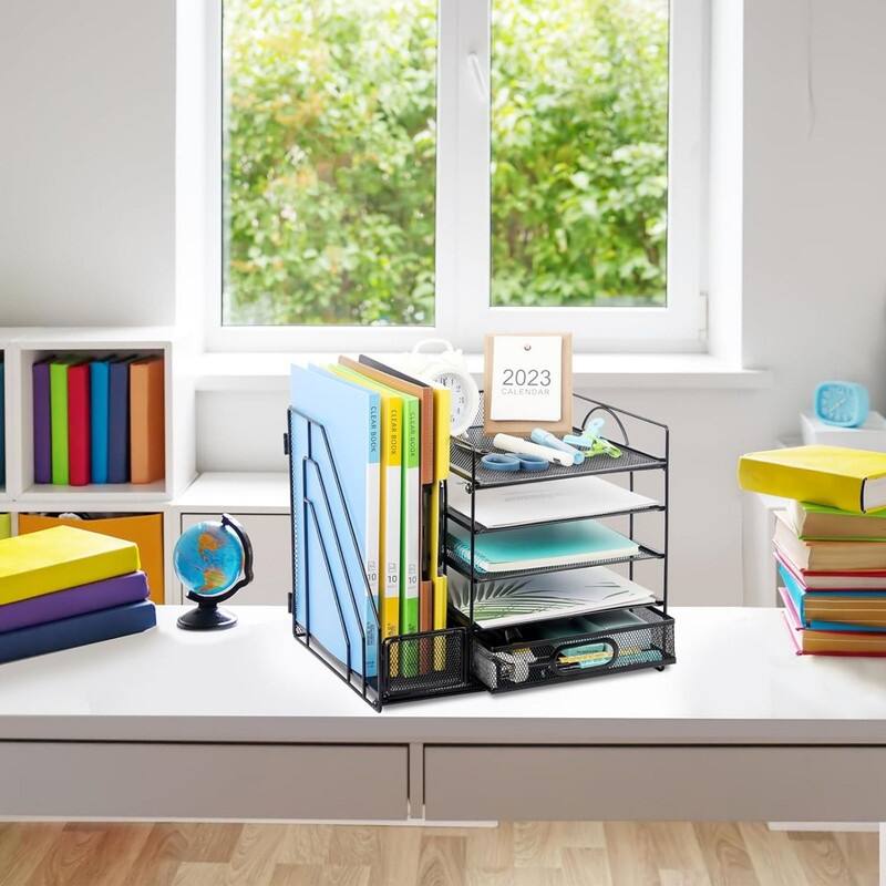 Desk Organizer with Vertical File Holder(Black)