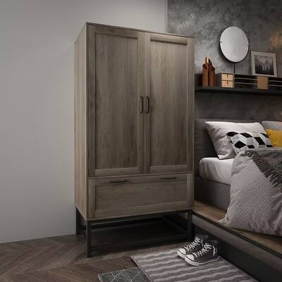 2 Doors 1 Pump Wooden Wardrobe with Large Storage Space, Retro Gray