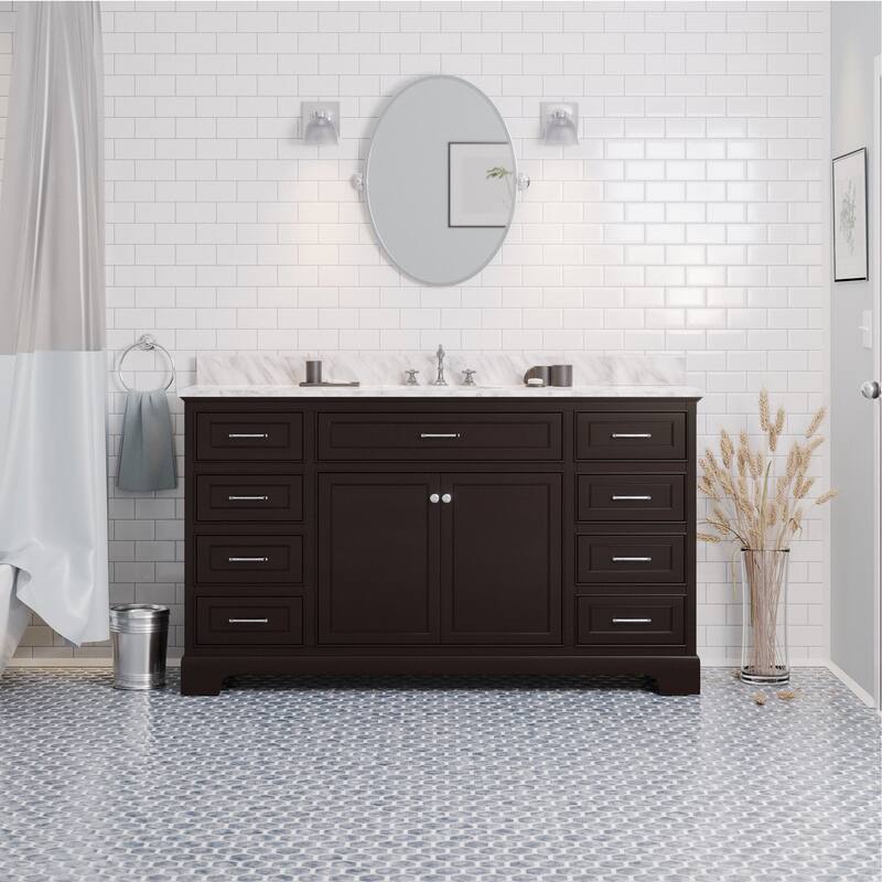 KitchenBathCollection Aria 60" Single Bathroom Vanity with Carrara Marble Top - Chocolate
