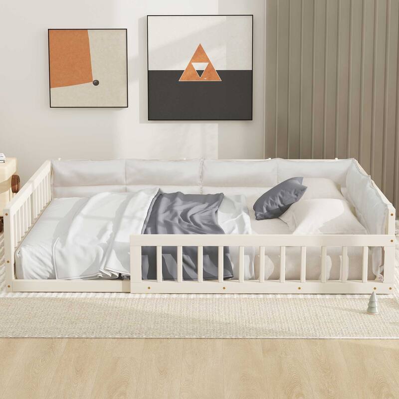 Full Size Upholstered Platform Bed Frame with Guardrail and Pillows, No Box Spring Required, Sturdy and Comfortable for Bedroom