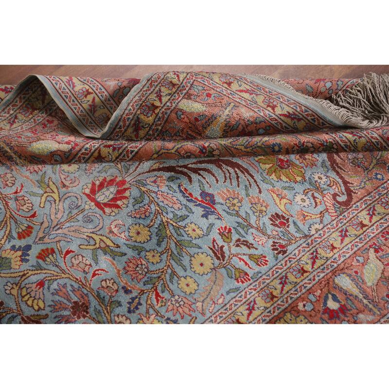 Hand Knotted Oriental Silk Carpet Traditional Floral Navy Blue & Blues Hereke Area Rug - 4' 10'' X 3' 3''