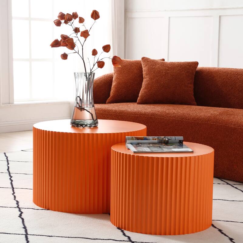 Modern Glam Relief Carving Round Accent Nesting Side Fluted Coffee Tables Set (2 Pack) No Assembled