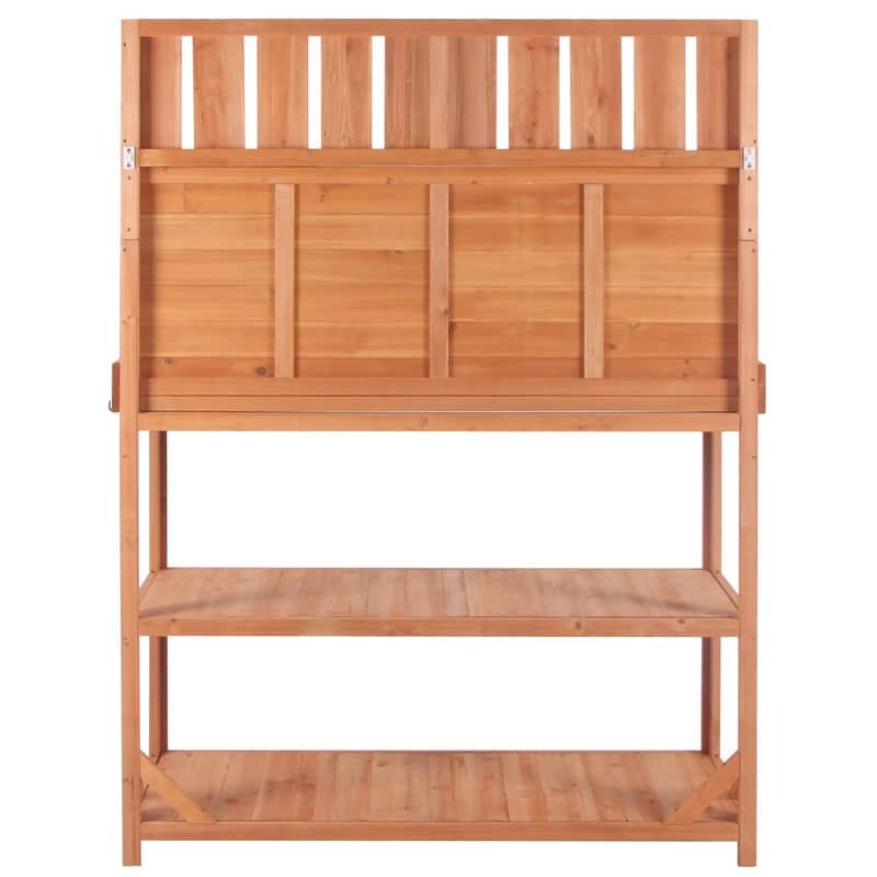 Large Wooden Outdoor Potting Bench Table, Patio Workstation, Garden Potting Bench with 4 Storage Shelves and Side Hook