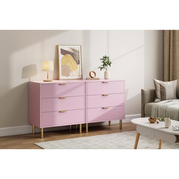pink dresser with gold handles GDFStudio Neymar Modern Wooden 6-Drawer Dresser with Metal Handles and Solid Wood Legs, Pink