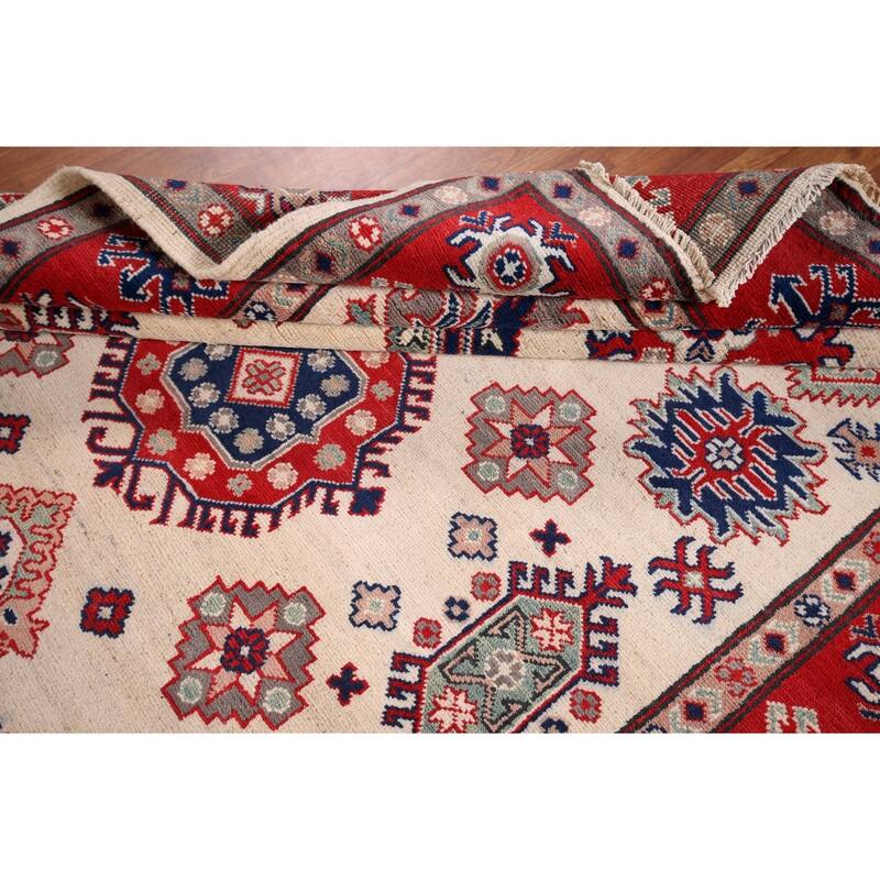 Geometric Kazak Area Rug Hand-Knotted Bedroom Beige Wool Carpet - 5'2" x 6'7"