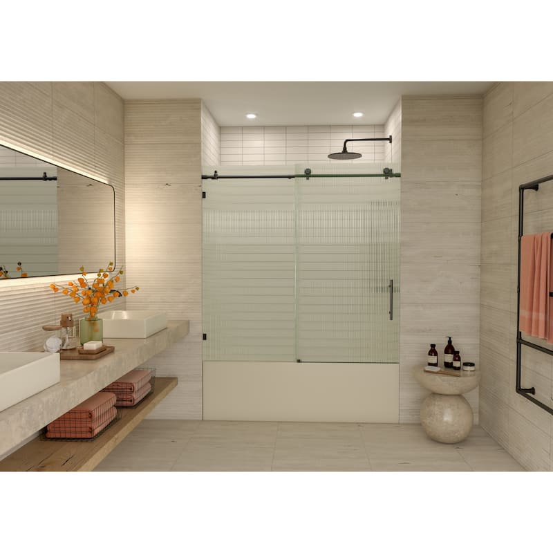 Galaxy 60 in. x 60 in. Fully Frameless Fluted Glass Sliding Bathtub Doors - Righthand