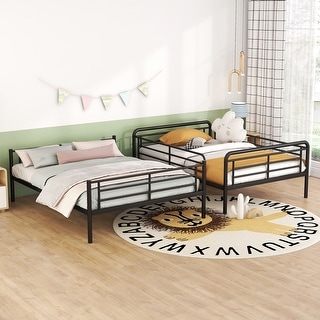 Contemporary & Simple Full XL over Queen Metal Bunk Bed with Full-length Guardrails, Save Space or Split Into 2 Beds, Black