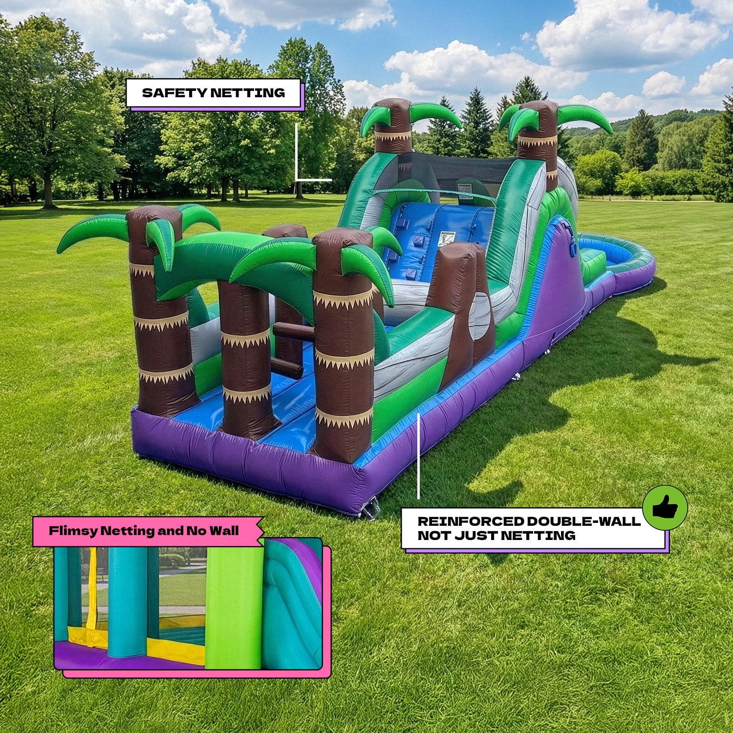 POP JUMP Tropical 28' Obstacle Course with Slide - Green - 8' x 28' x 9'