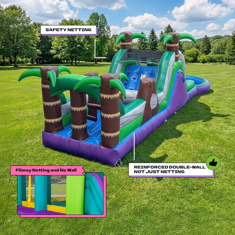 POP JUMP Tropical 28' Obstacle Course with Slide - Green - 8' x 28' x 9' - Kids - Green - 8' x 28' x 9'