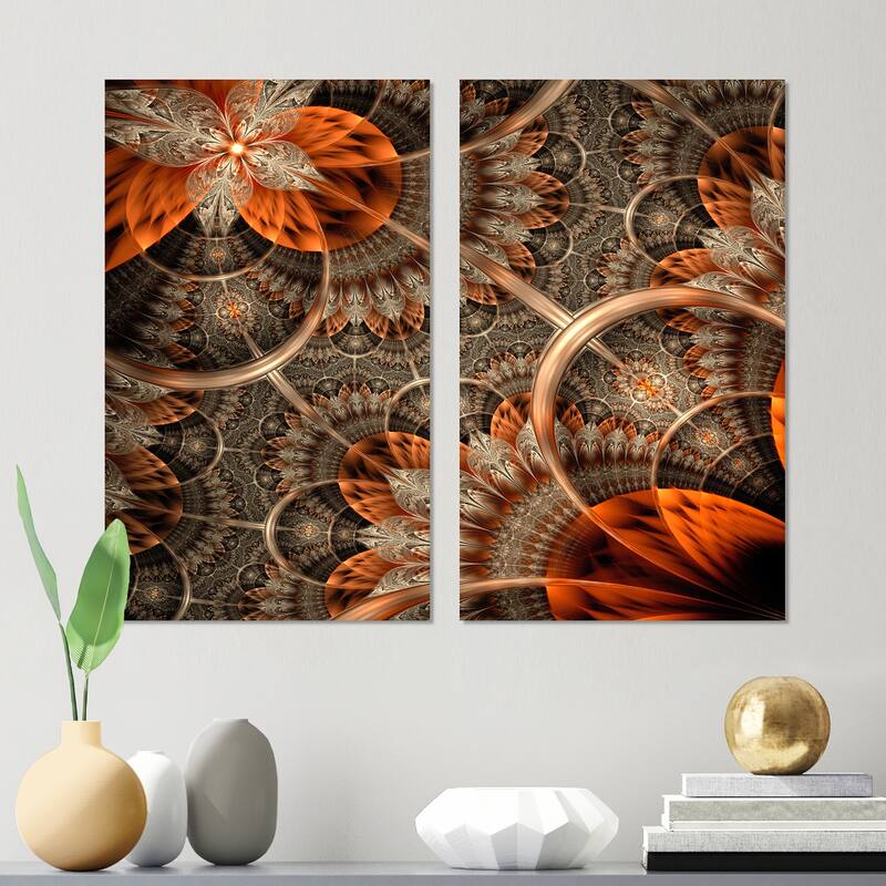 Designart "Orange Brown Digital Art Fractal Flower" Floral Canvas Wall Art Print 2 Piece Set - 12" W x 20" H x 1" D x 2 Pieces