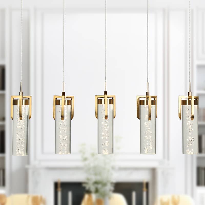 Modern 5-Light Fixture Gold Brass Linear LED Chandelier Acrylic Kitchen Island Light for Dining Room - 28.9" × 10.6" × 4.3"