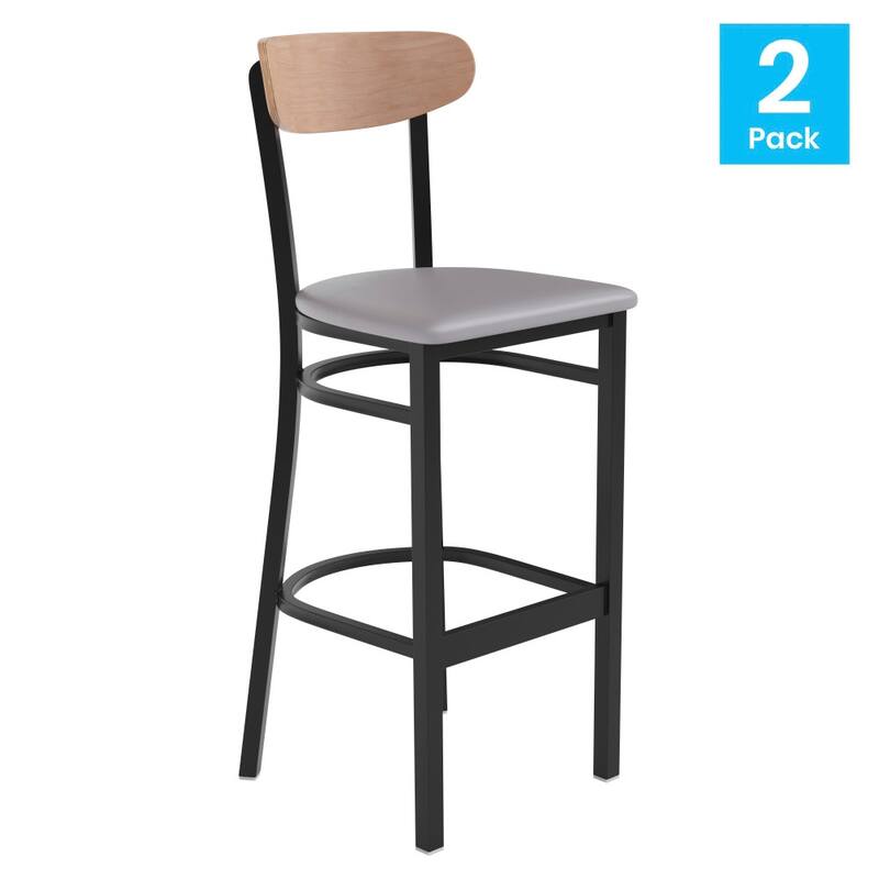 Commercial Metal Barstool with Wood Seat and Boomerang Back
