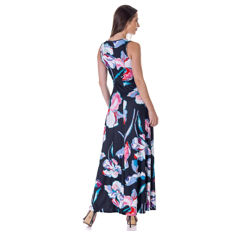 24seven Comfort Apparel Womens Black Floral Print Scoop Neck A Line Sleeveless Maxi Dress