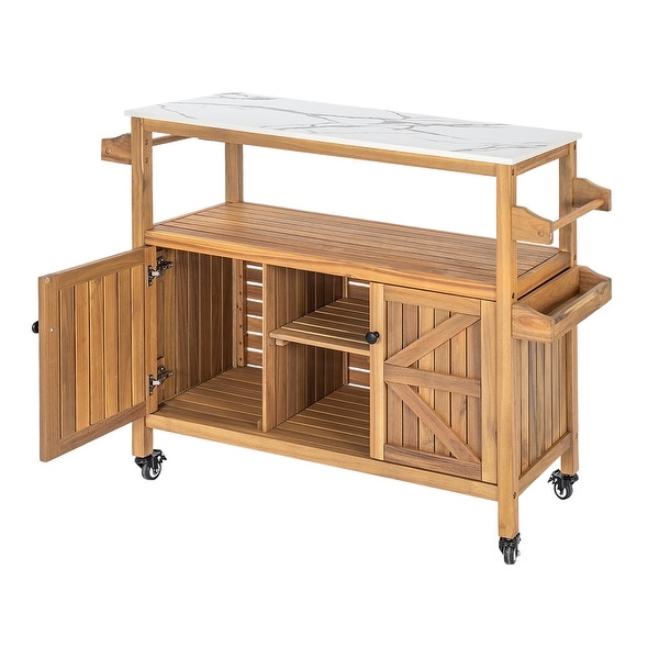 Outdoor Acacia Wood Bar Cart with Marble-Effect Top and Locking