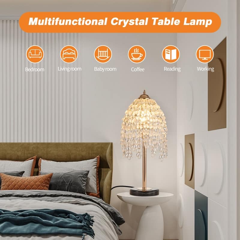 19" Crystal Table Lamp Vintage Waterfall Design with Teardrop Beads & Marble Base (Bulb Not Included)