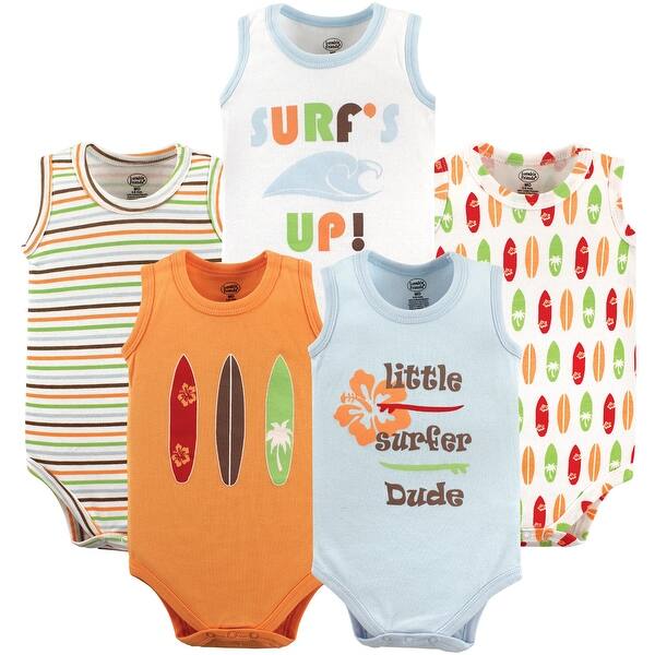 slide 1 of 1, Luvable Friends Baby Boy Cotton Sleeveless Bodysuits 5pk, Surfer 0-3 Months - Surfer