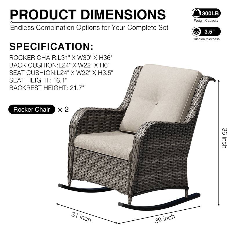 COZYWOR Patio Wicker Rocking Chair Set with Cushions