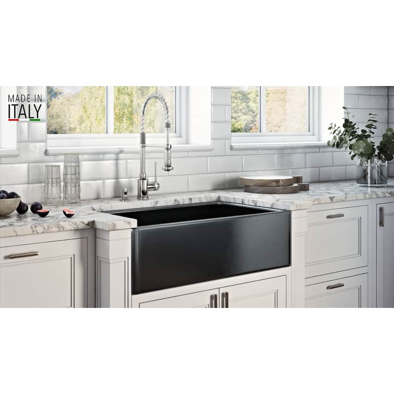 Ruvati 33 x 20 inch Fireclay Reversible Farmhouse Apron-Front Kitchen Sink Single Bowl - Gloss Black - RVL2300BK