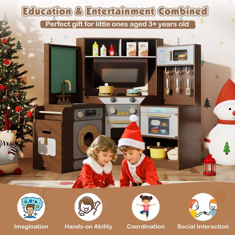 Gymax Corner Kitchen w/ Lights & Sounds Interactive Wooden Playset for