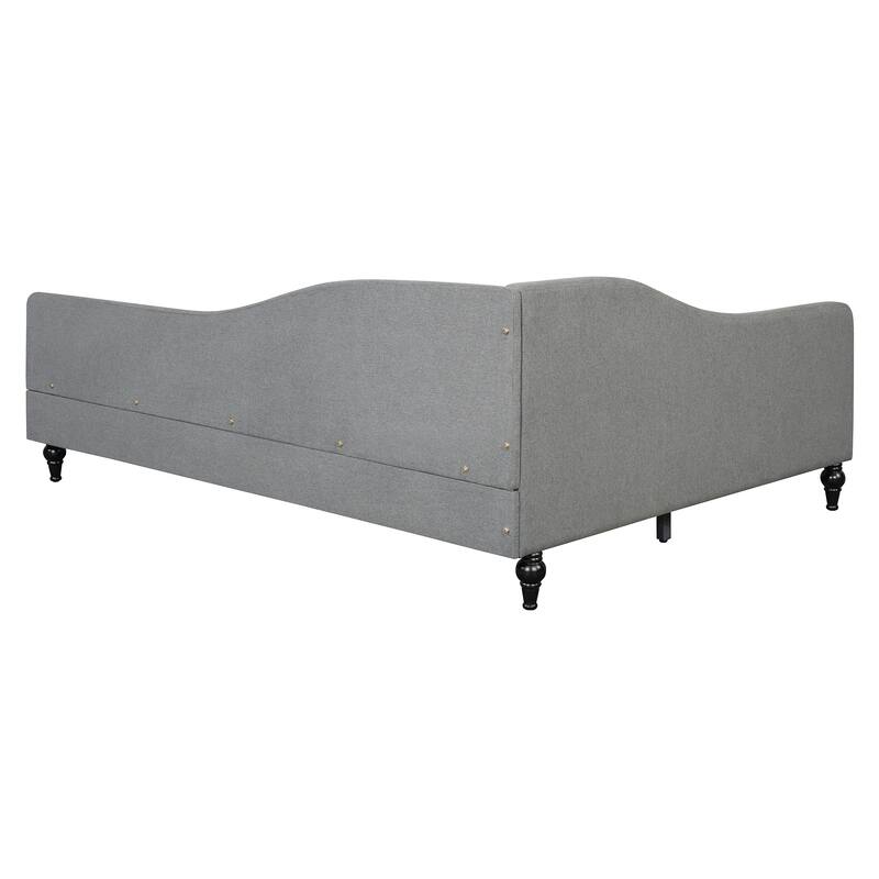 Twin/Full Size Upholstered Daybed, Linen Fabric Sofa Bed with Solid Wood Legs and L Shaped Backrest, Solid Wood Bedframe