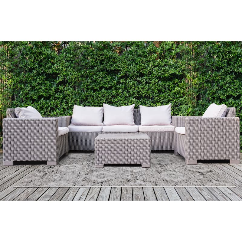 Jackson Collection - Grey/ Black Distressed Damask Indoor/Outdoor Rug