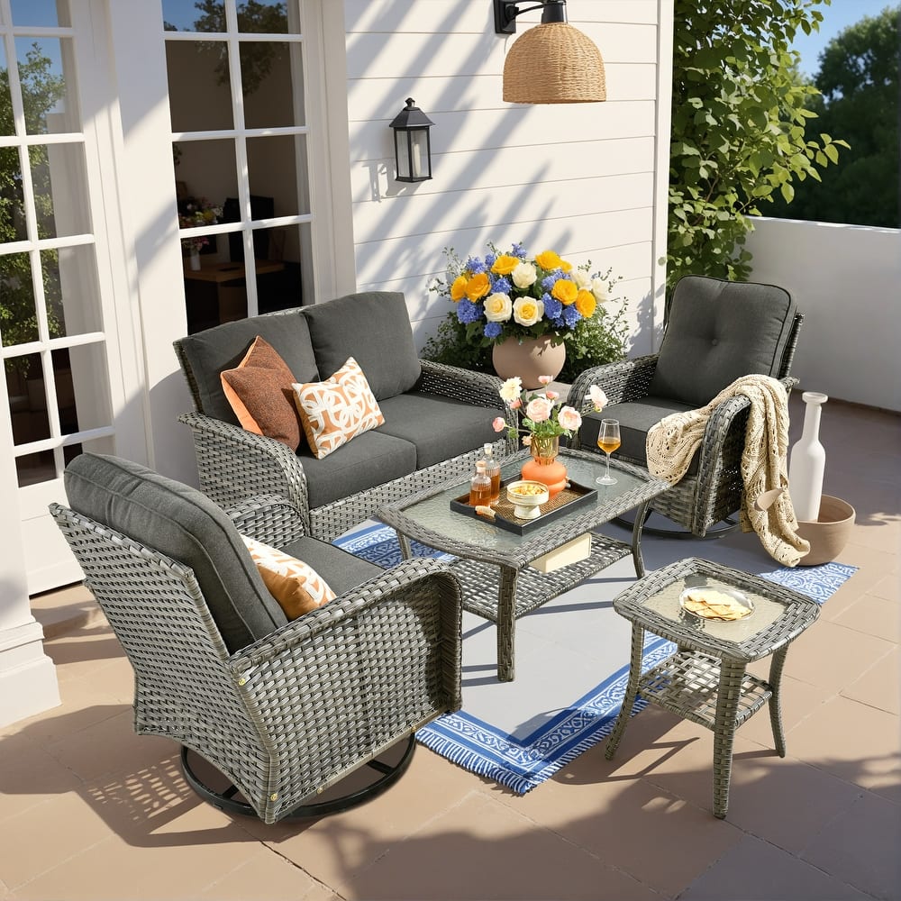 OVIOS 5 Piece Outdoor Wicker Loveseat Rocking Chair Set