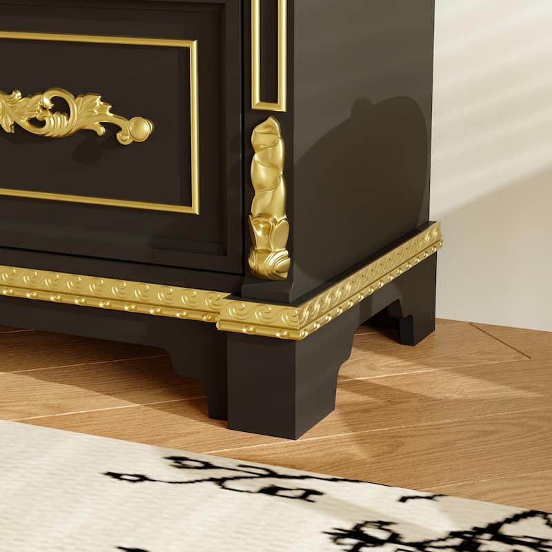 Black & Gold Display Cabinet with Shelves and Drawers, Elegant Glossy Bookcase for Living Room Storage