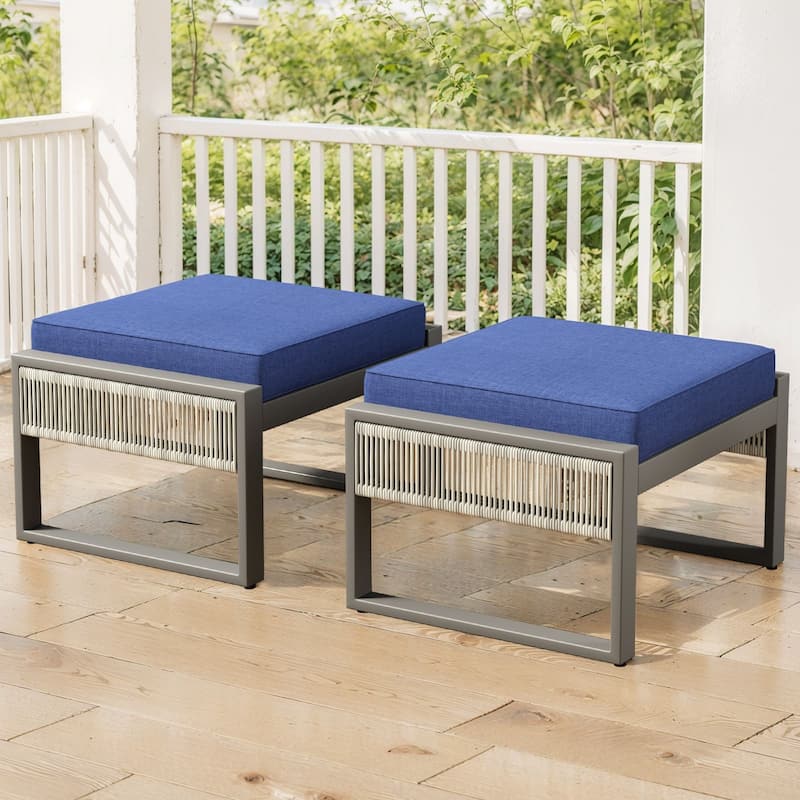 Pocassy Outdoor PE Wicker Funiture Set - Blue Cushion - 2PCS Patio Ottoman with Cushion
