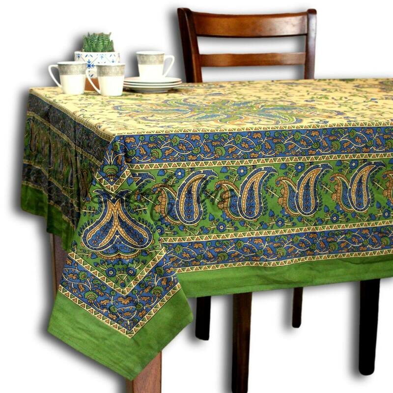 Cotton Block Print Paisley Floral Tablecloth Rectangle - 70 x 104 in - Green