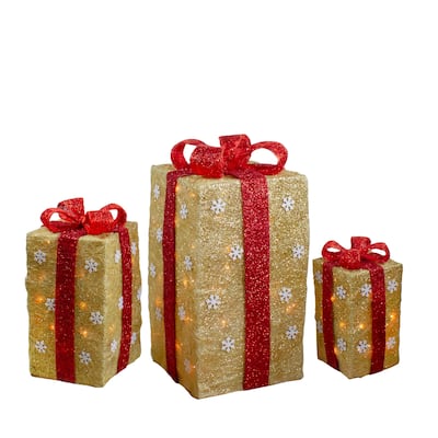 3 Lighted Tall Gold Gift Boxes Red Bows Christmas Decorations 18"