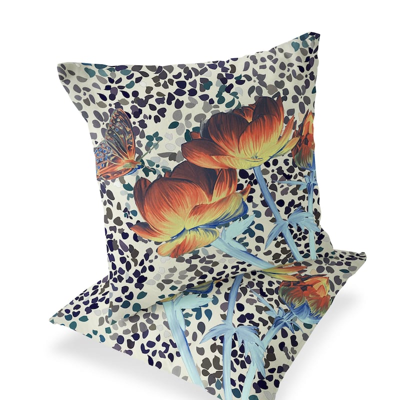HomeRoots Set of Two 16" X 16" Blue and Orange Butterfly Blown Seam Floral Indoor Outdoor Throw Pillow