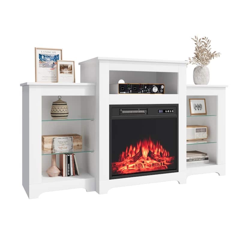 32" H Fireplace TV Stand, 55/70 Inch Media Console for TVs up to 80", Remote, Storage & LED Lights