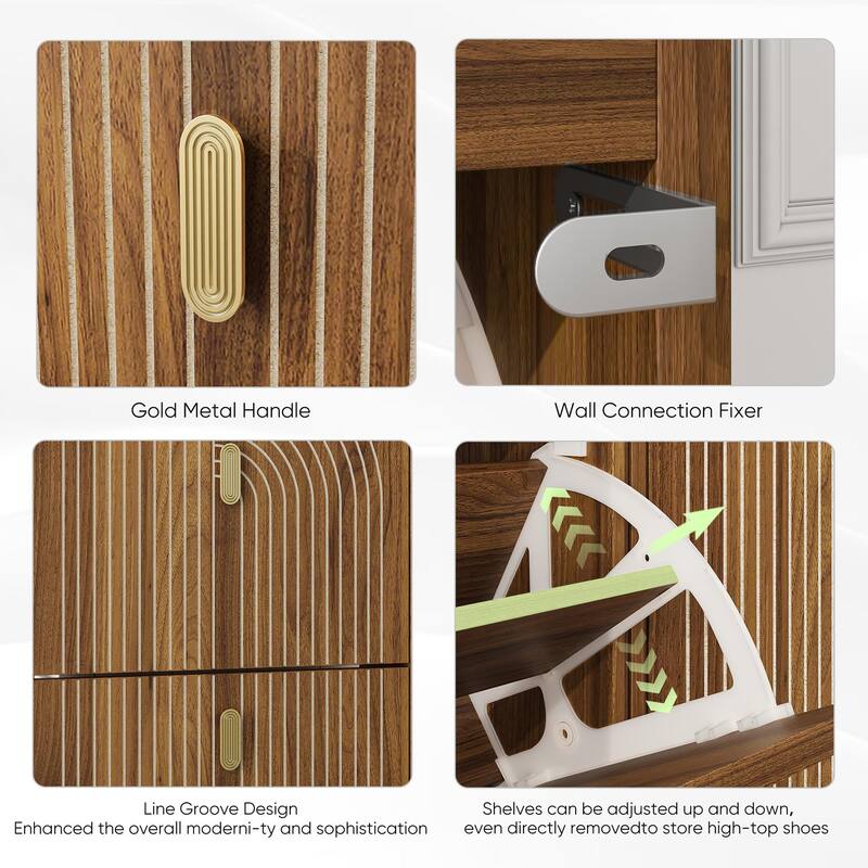 Roomfitters Mid-Century Modern Tilt Out Shoe Cabinet Organizer with Arch Groove Design, Slim Entryway Shoe Storage, Walnut