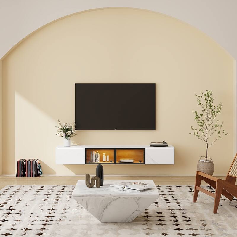 Floating Wall Hung TV Stand, Modern Hanging TV cabinet with Motion Sensor LED, 4 Flip-down Doors, White Stone