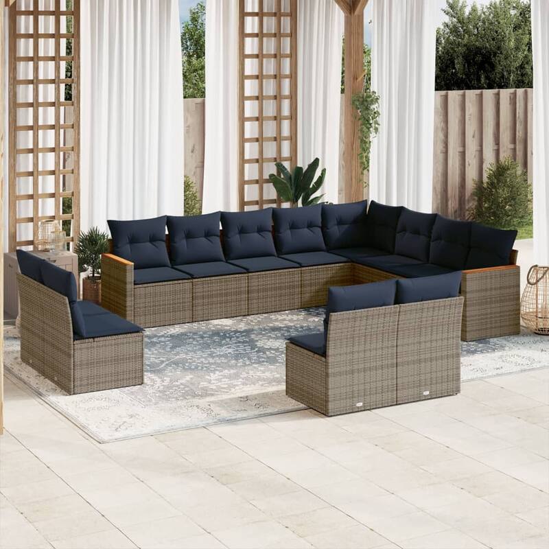 vidaXL 12/13 Piece Patio Sofa Set with Cushions Black/Gray Poly Rattan - 24.4 x 24.4 x 27.2 - Gray Without table