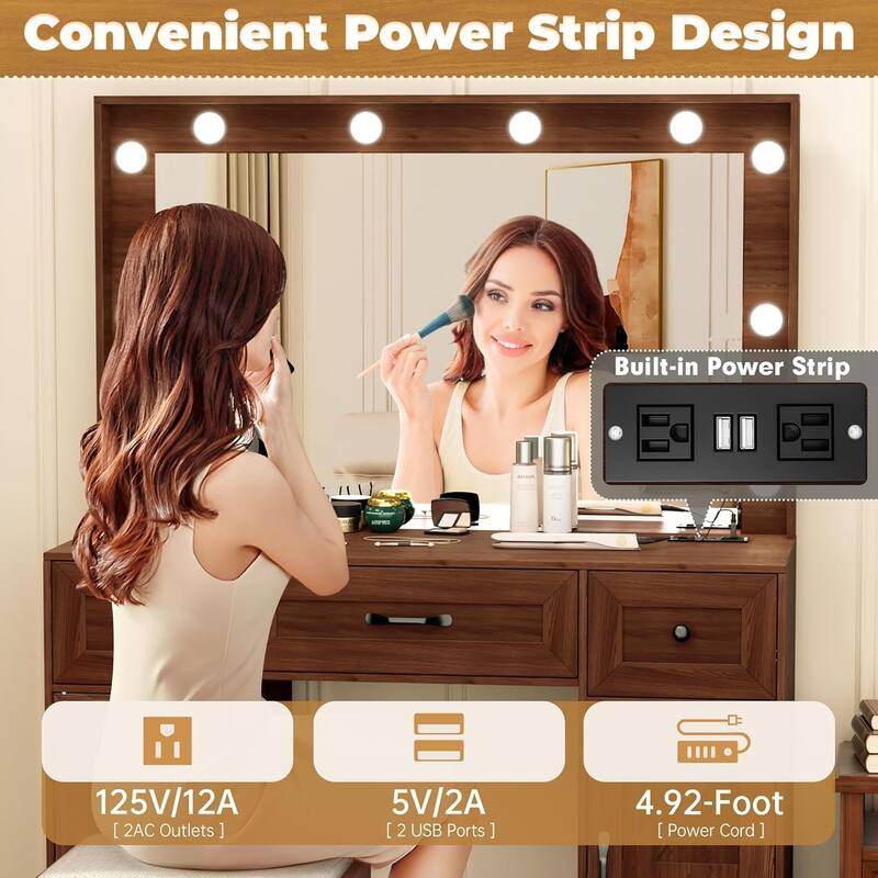 43.3'' Wide Makeup Vanity Dressing Table with Adjustable Lighted Mirror and Stool, Power Outlet