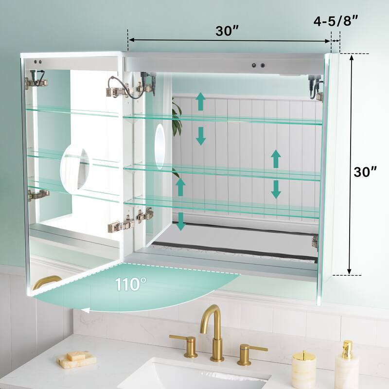 30'' H Recessed or Surface Frameless LED Mirror Cabinet With Defogger, Dimmer, Outlets & USB Ports 