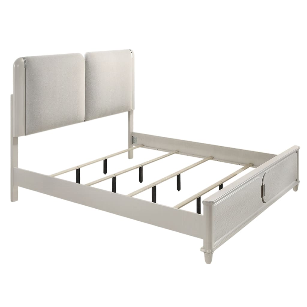 Veda Queen Size Bed with LED, Pearl White, Gray Boucle Upholstered