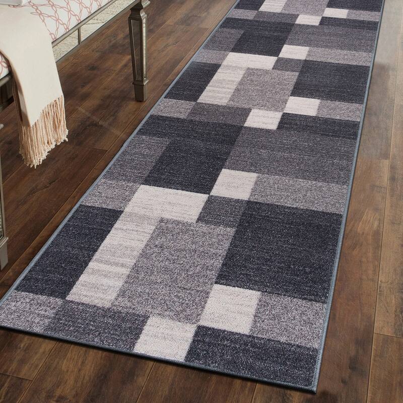 World Rug Gallery Modern Boxes Design Non-slip (Non-skid) Area Rug - 2' x 7' Runner - Gray